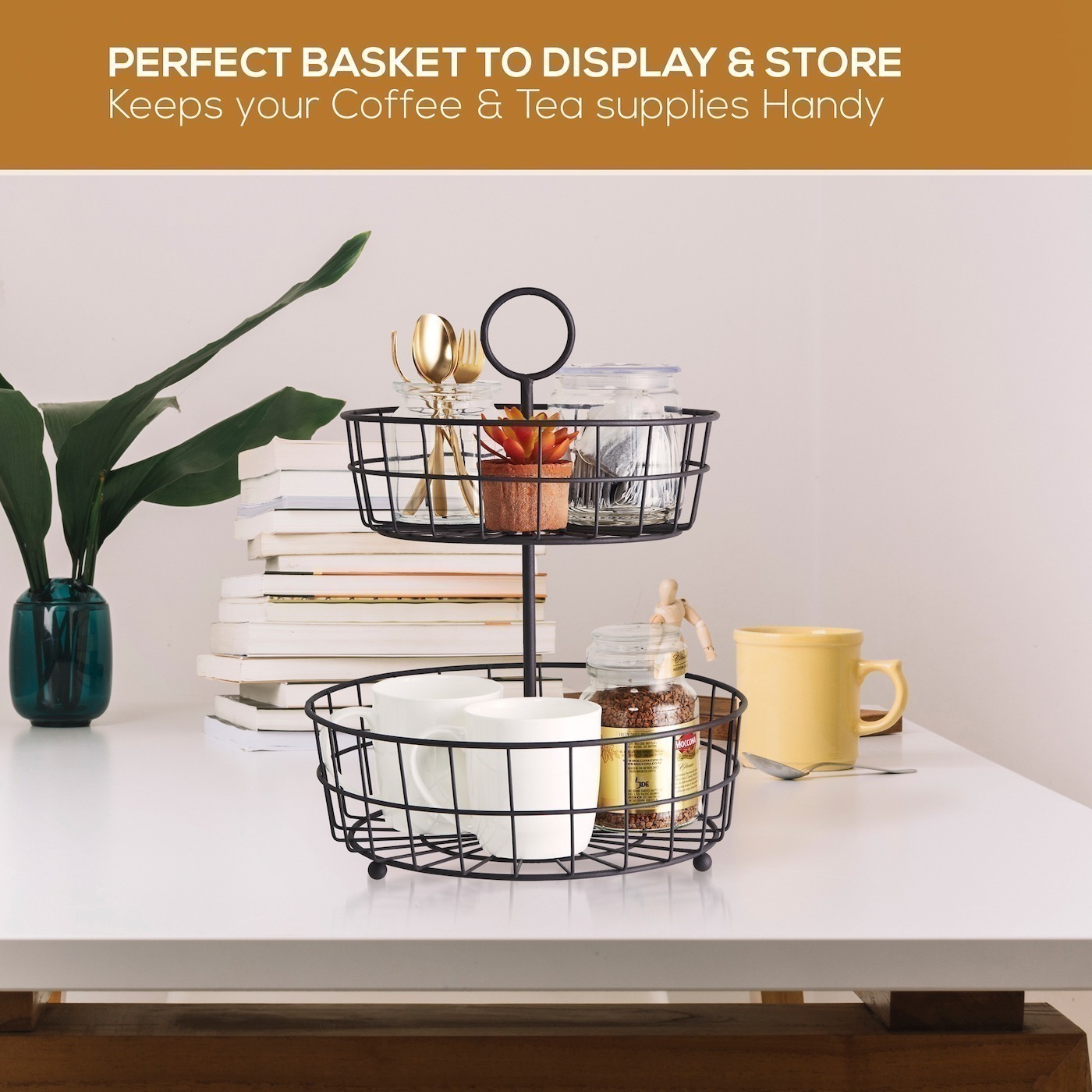 Regal Trunk & Co 2 Tier Fruit Basket - Metal Wire Fruit Organizer Bowl  Stand for Kitchen, Center Table, Living Room - Metallic Tiered Fruit Holder  for