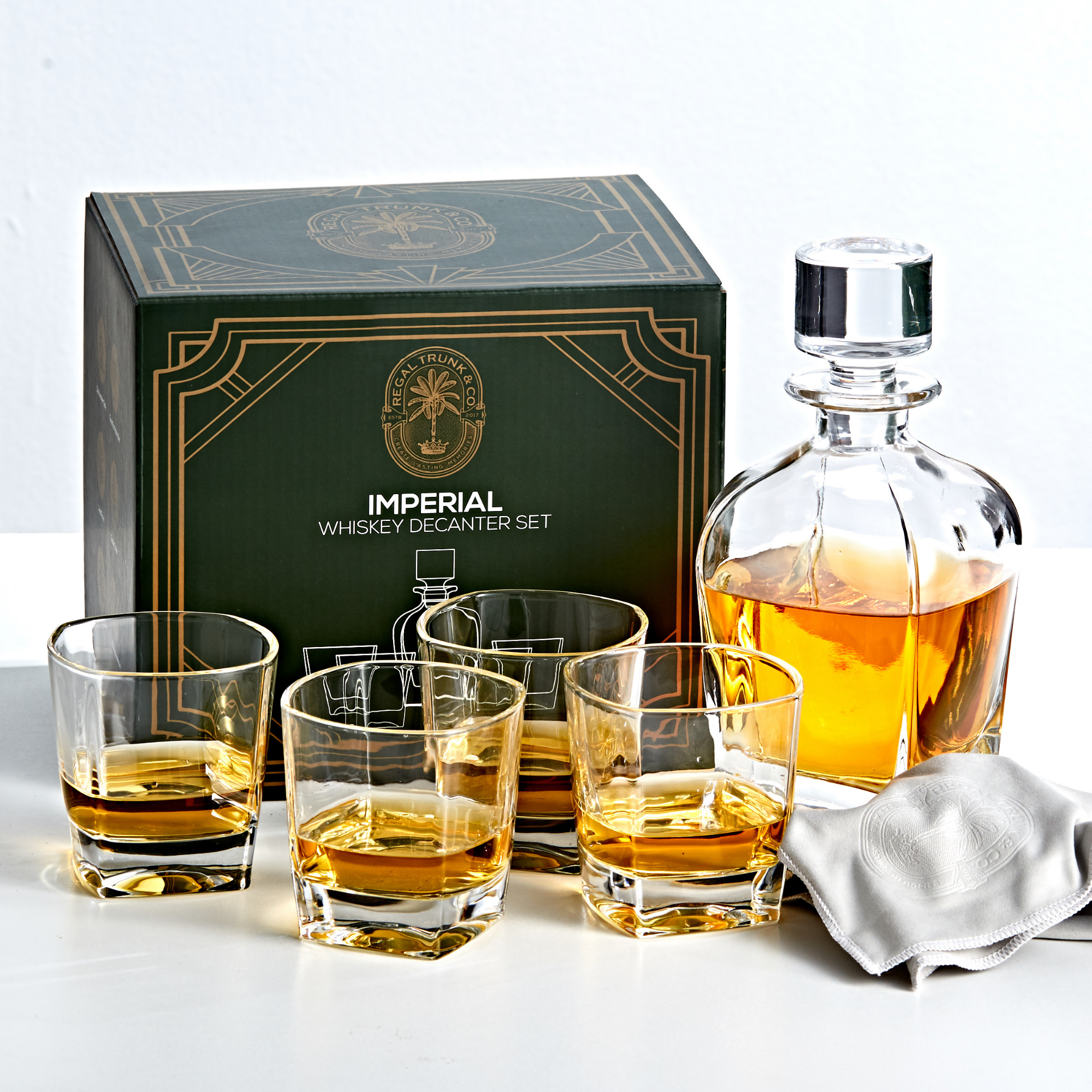 Square Engraved 5 piece Whiskey Decanter Set — Regal Trunk & Co.