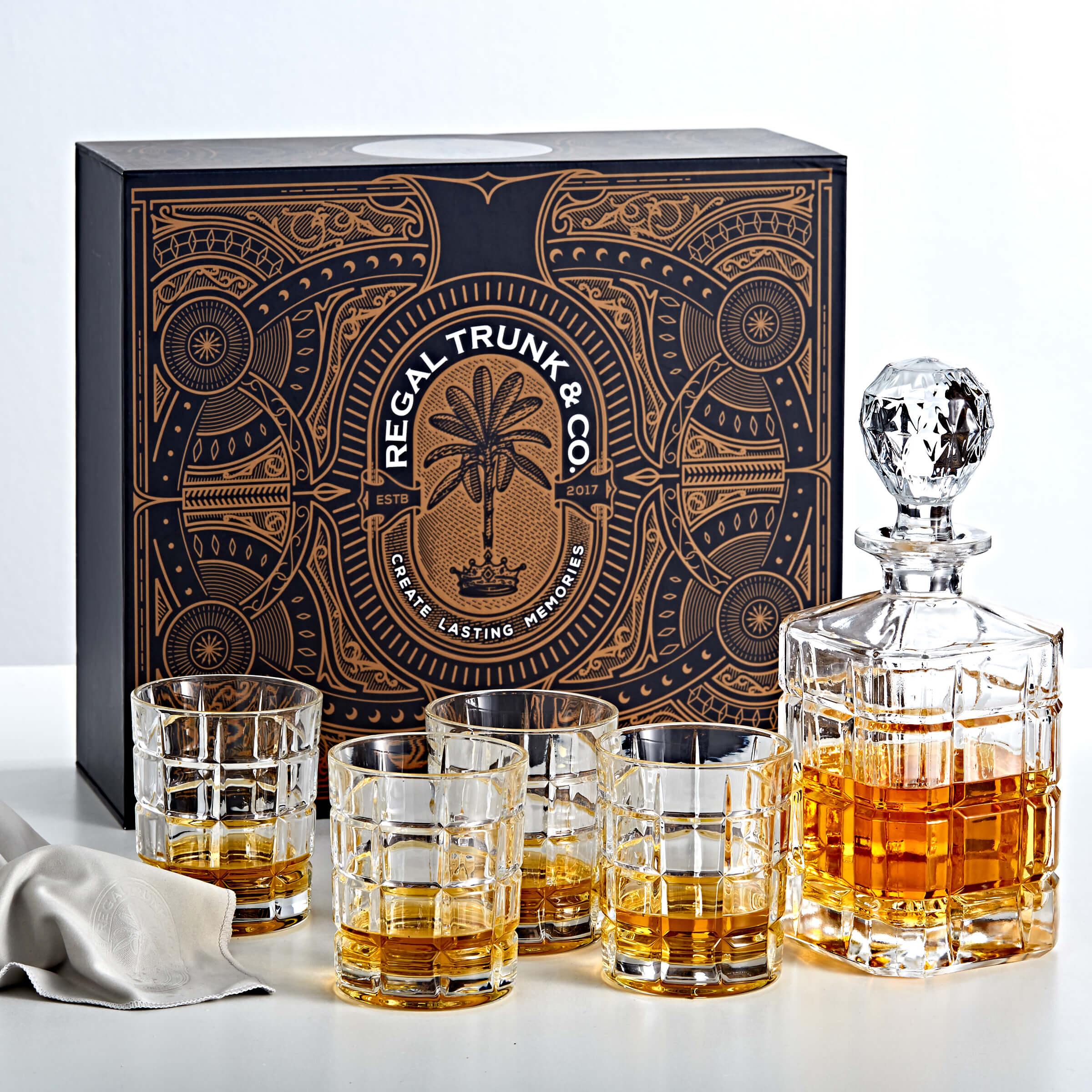 Square Engraved 5 piece Whiskey Decanter Set — Regal Trunk & Co.